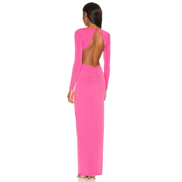 Nookie Jewel Maxi Gown Twist Front Cut-Out Side Slit Long Sleeve Neon Pink Small - Picture 3 of 14